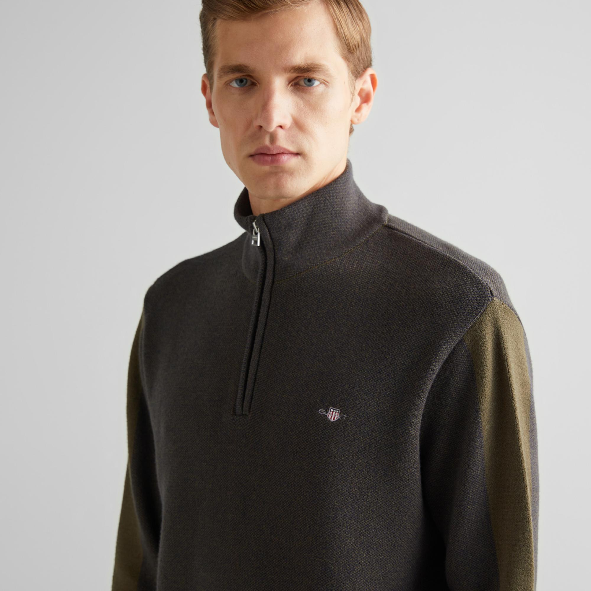 GANT Erkek Yeşil Relaxed Fit Yarım Fermuarlı Renk Bloklu Kazak