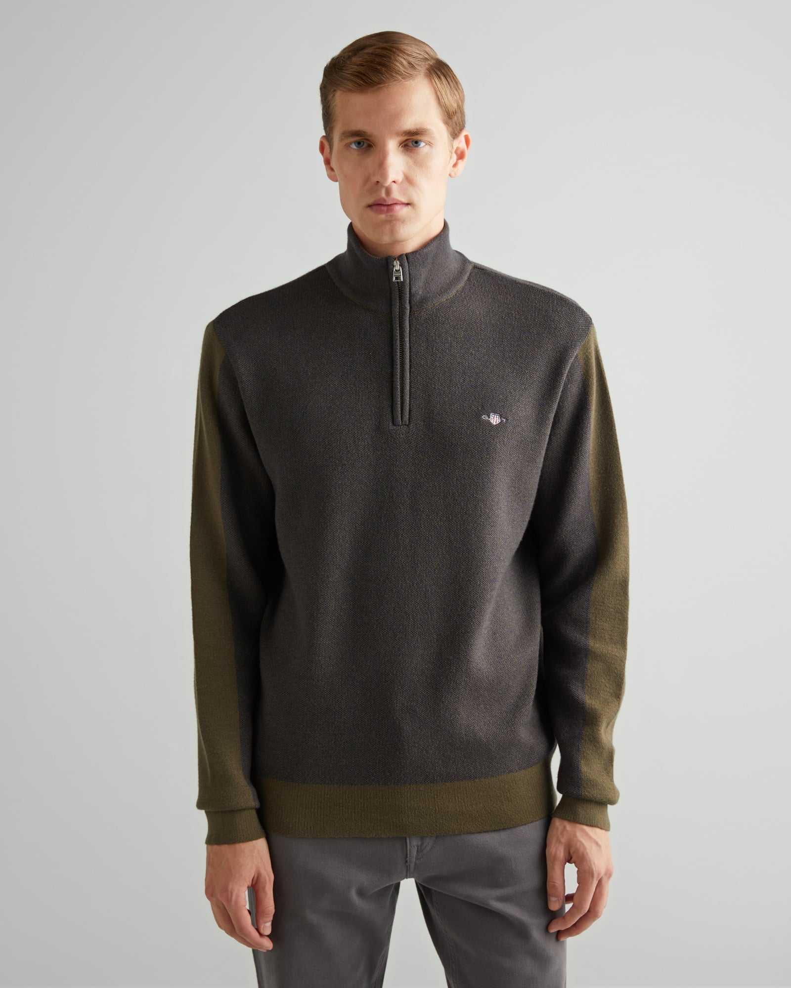  GANT Erkek Yeşil Relaxed Fit Yarım Fermuarlı Renk Bloklu Kazak