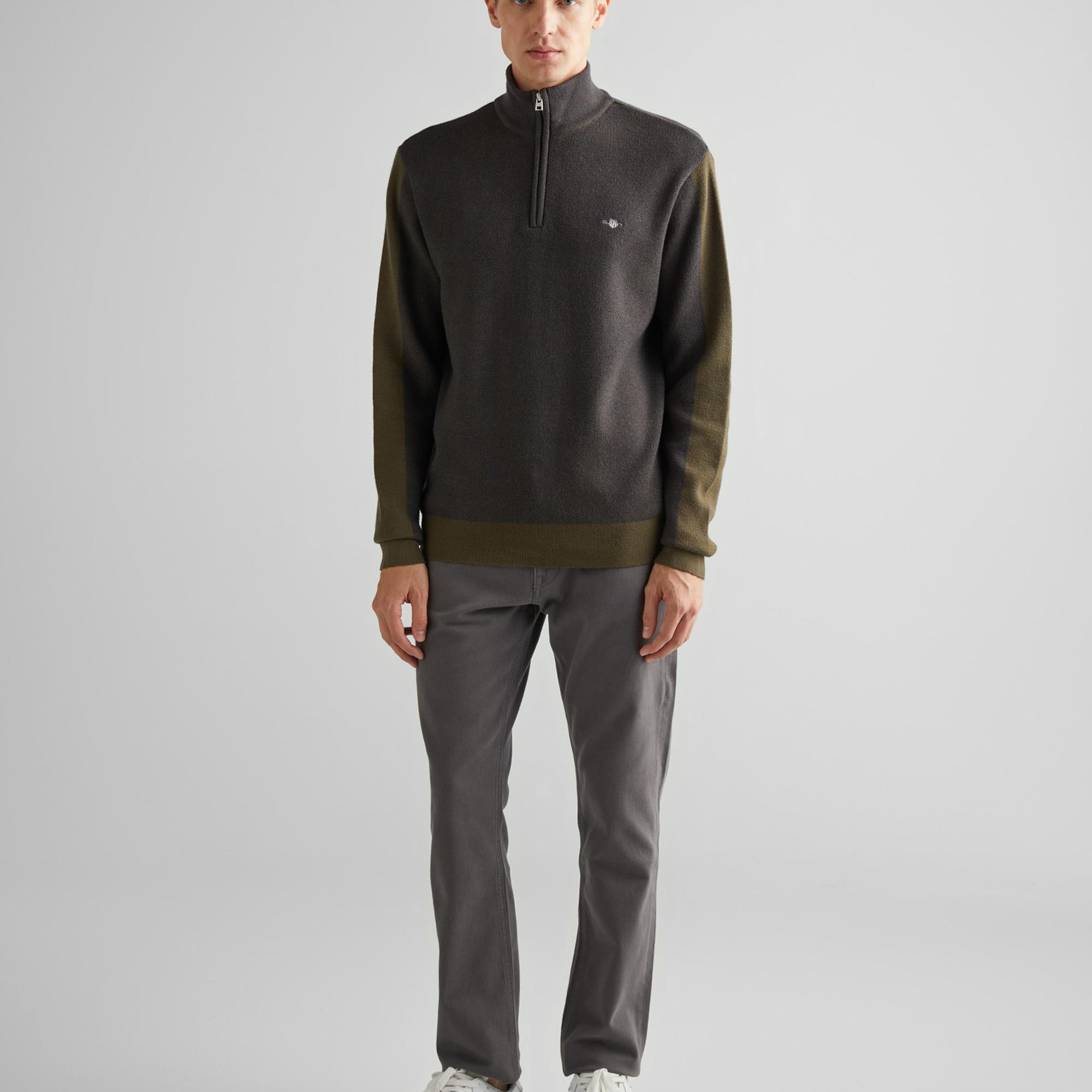 GANT Erkek Yeşil Relaxed Fit Yarım Fermuarlı Renk Bloklu Kazak