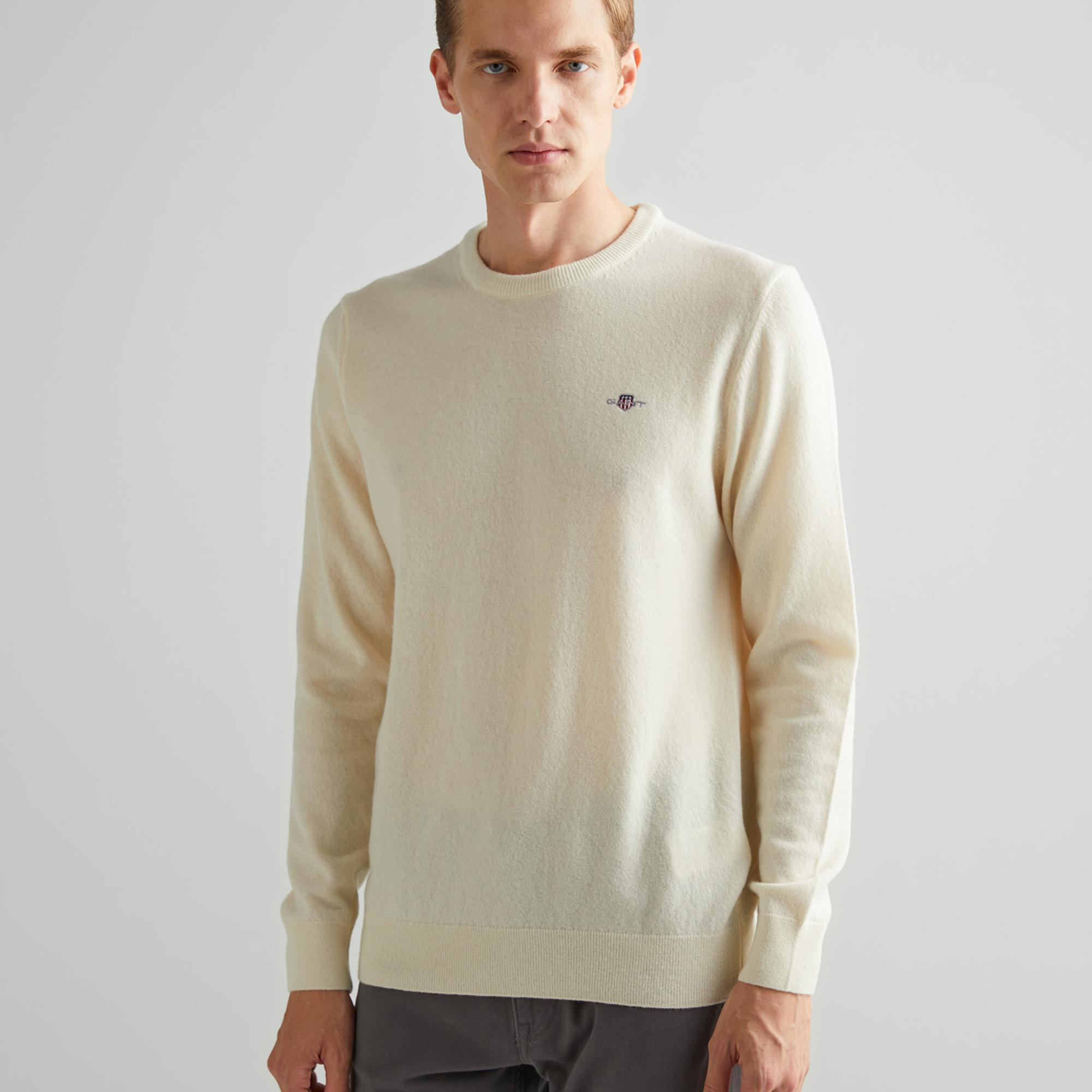 GANT Erkek Krem Regular Fit Bisiklet Yaka Yün Kazak