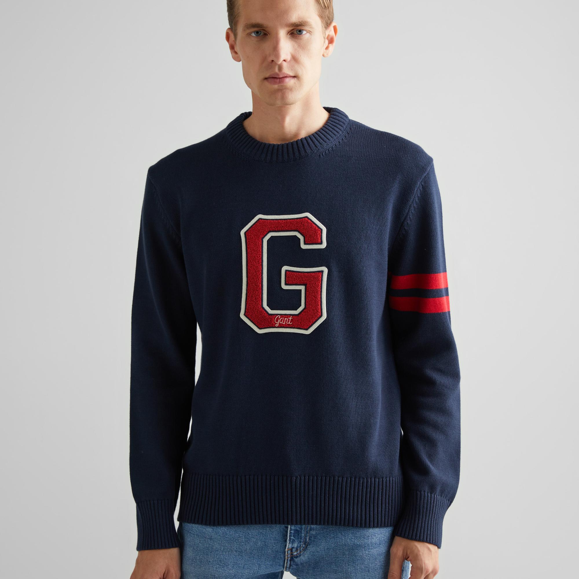 GANT Erkek Lacivert Relaxed Fit Bisiklet Yaka Logolu Kazak