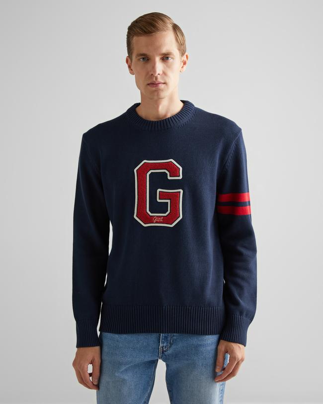  GANT Erkek Lacivert Relaxed Fit Bisiklet Yaka Logolu Kazak