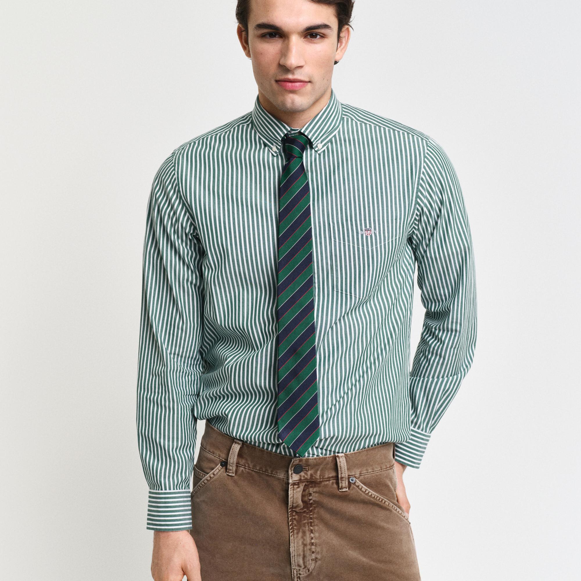 GANT Erkek Yeşil Regular Fit Düğmeli Yaka Çizgili Gömlek