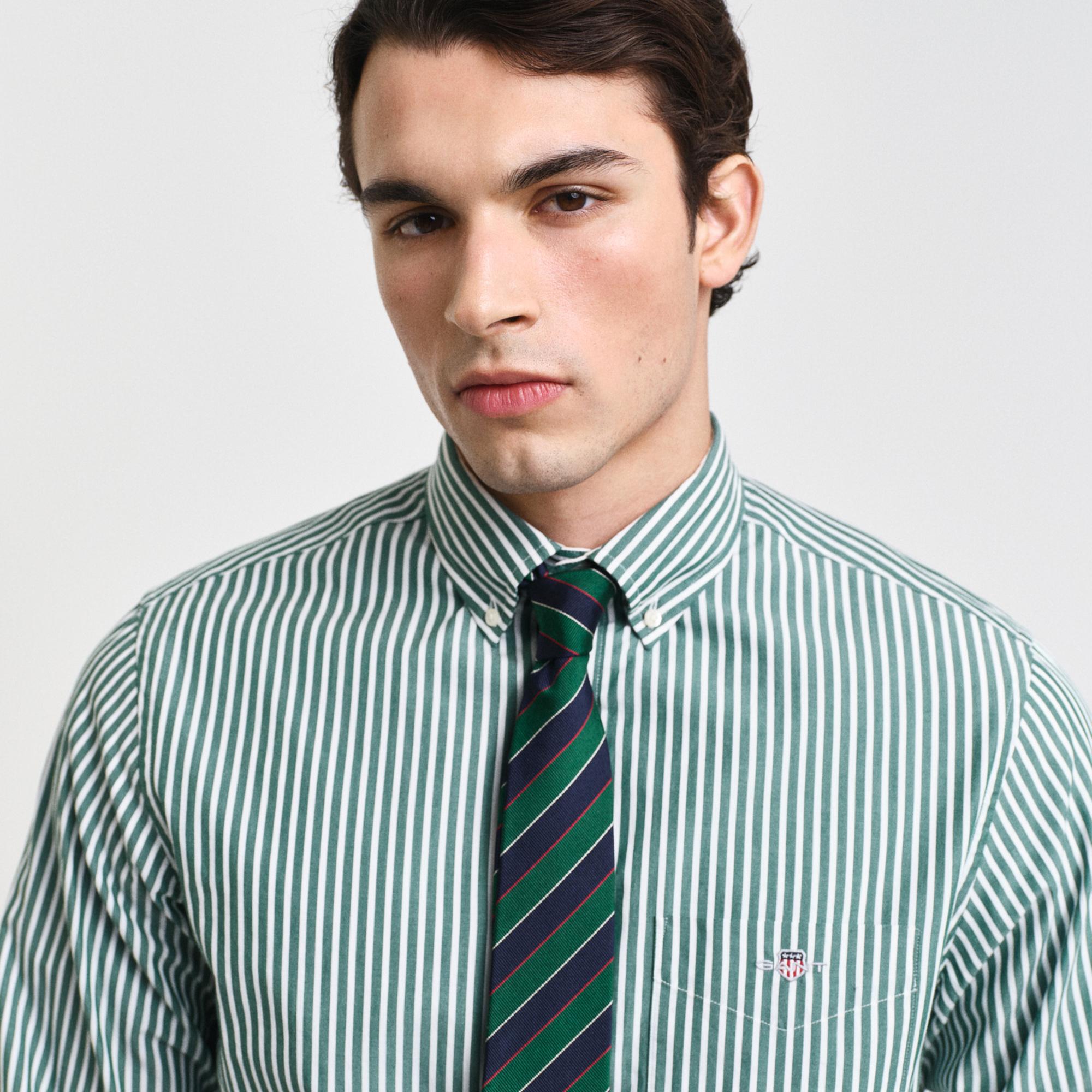 GANT Erkek Yeşil Regular Fit Düğmeli Yaka Çizgili Gömlek