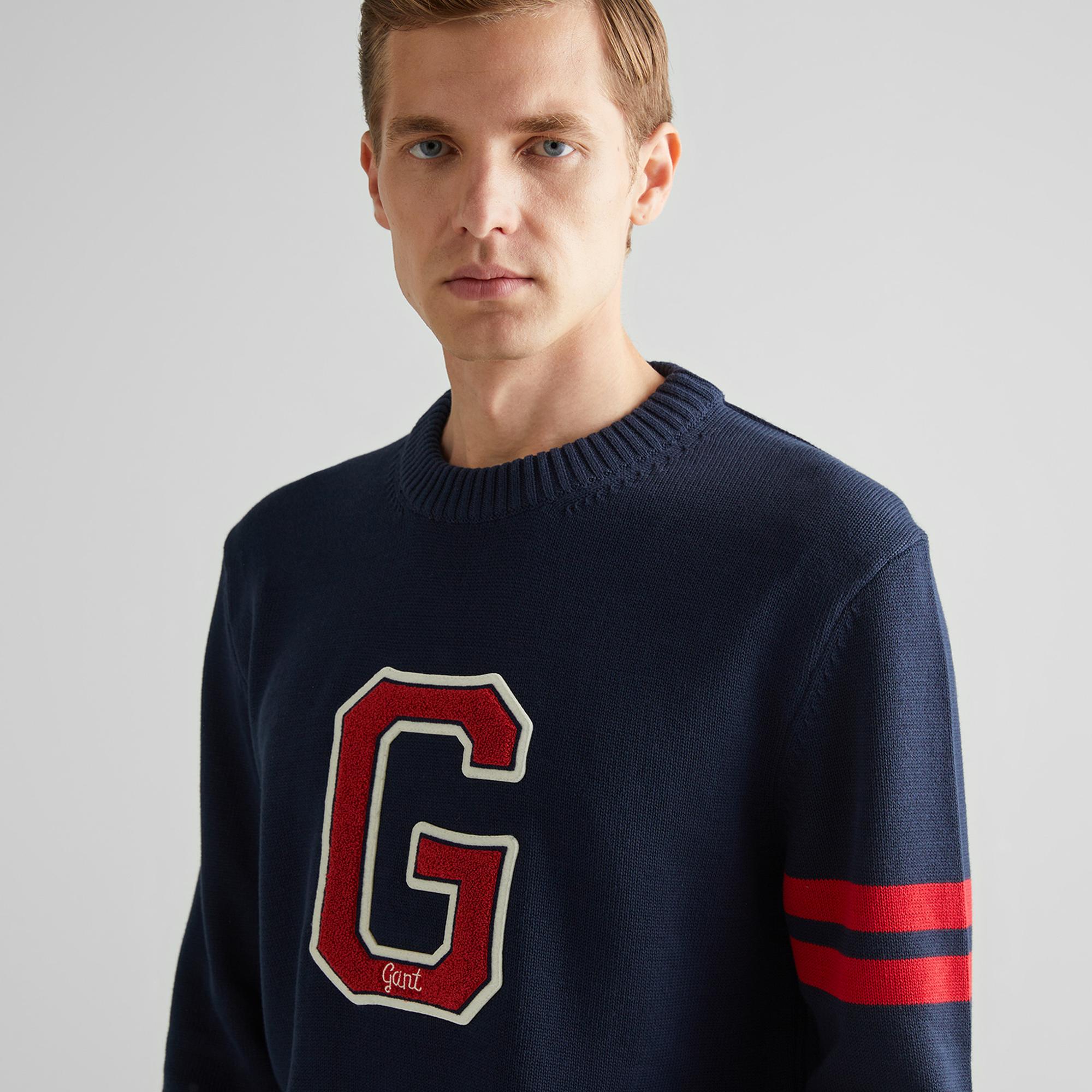 GANT Erkek Lacivert Relaxed Fit Bisiklet Yaka Logolu Kazak