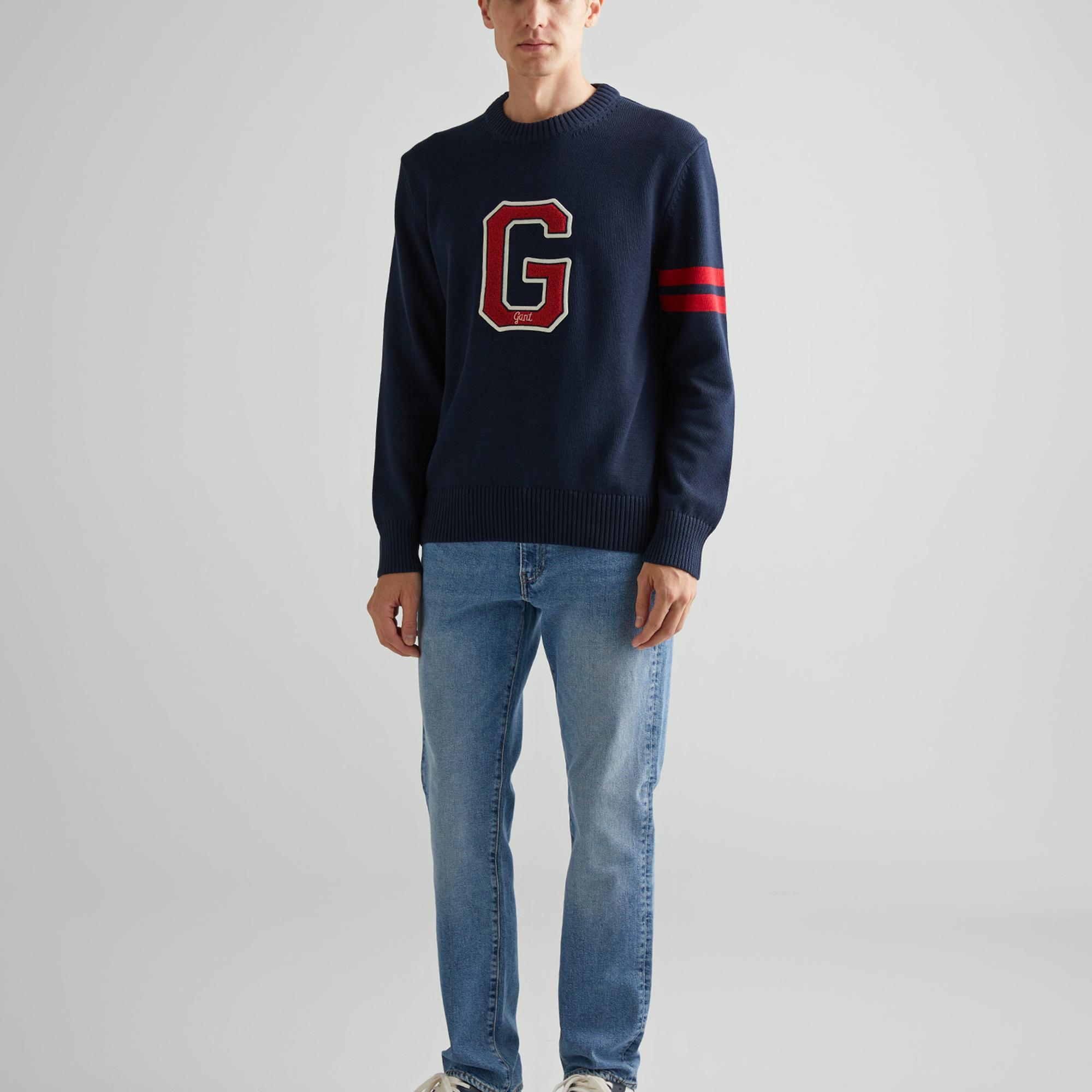 GANT Erkek Lacivert Relaxed Fit Bisiklet Yaka Logolu Kazak