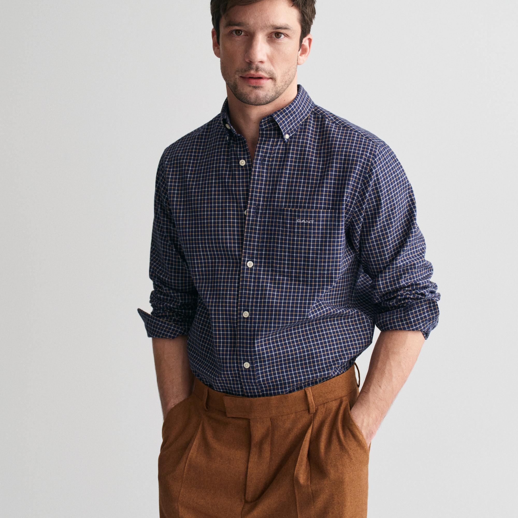 GANT Erkek Lacivert Regular Fit Düğmeli Yaka Kareli Gömlek