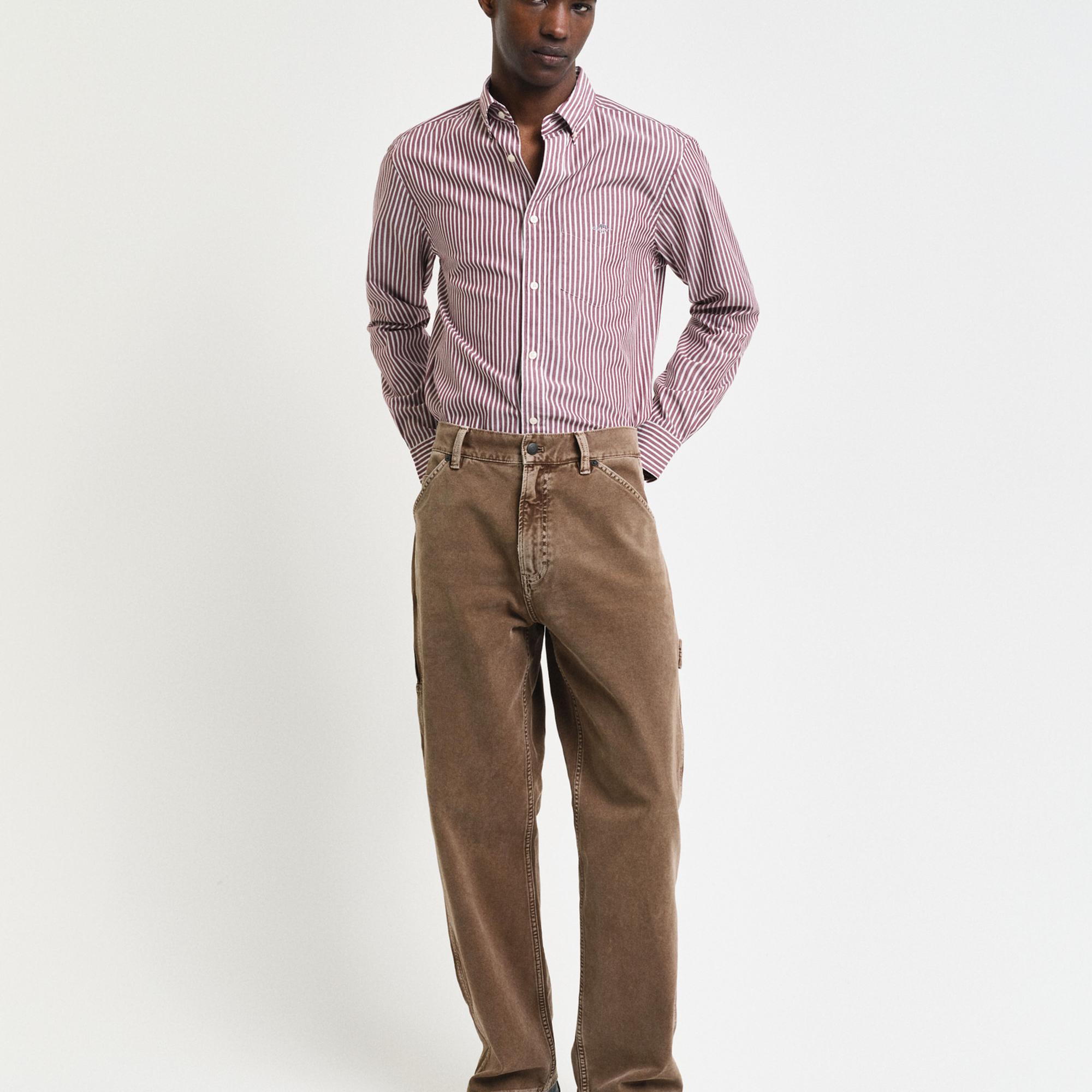 GANT Erkek Bordo Regular Fit Düğmeli Yaka Çizgili Gömlek