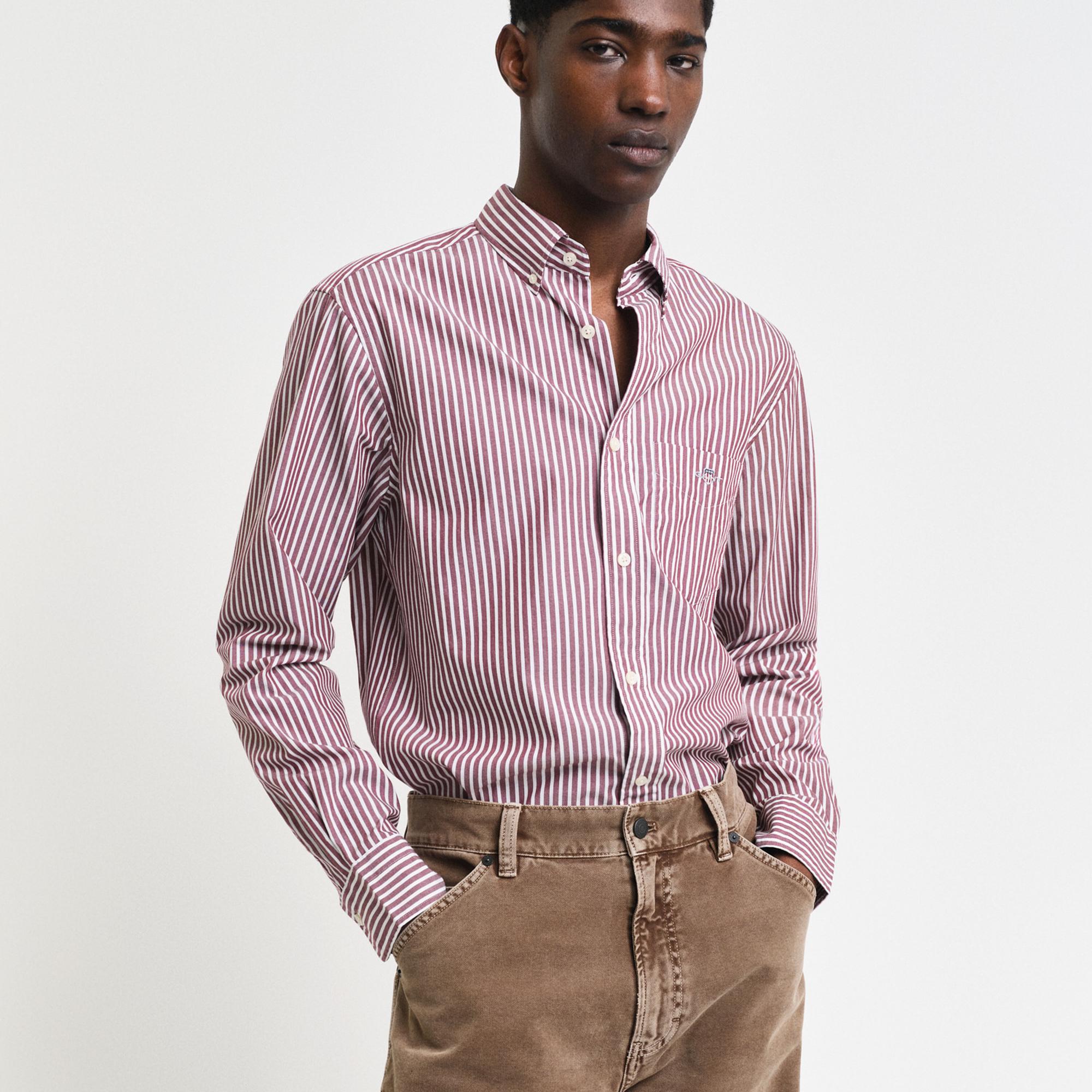 GANT Erkek Bordo Regular Fit Düğmeli Yaka Çizgili Gömlek
