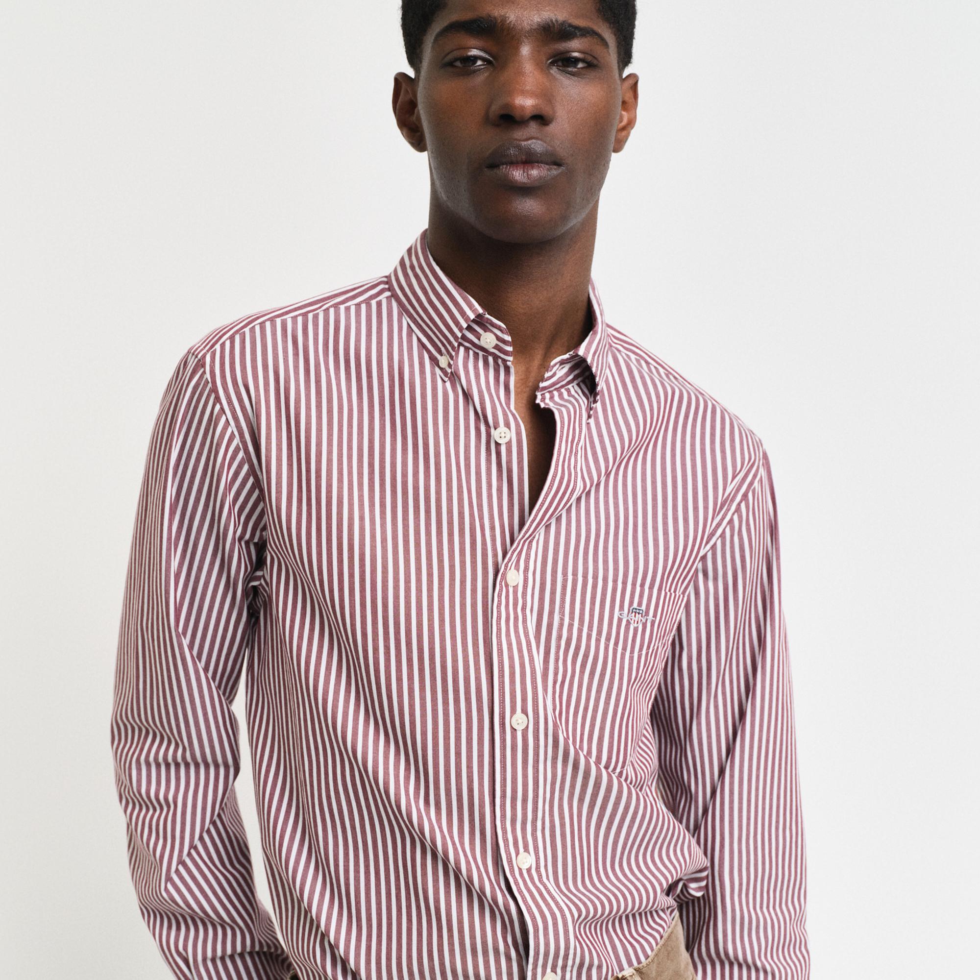 GANT Erkek Bordo Regular Fit Düğmeli Yaka Çizgili Gömlek