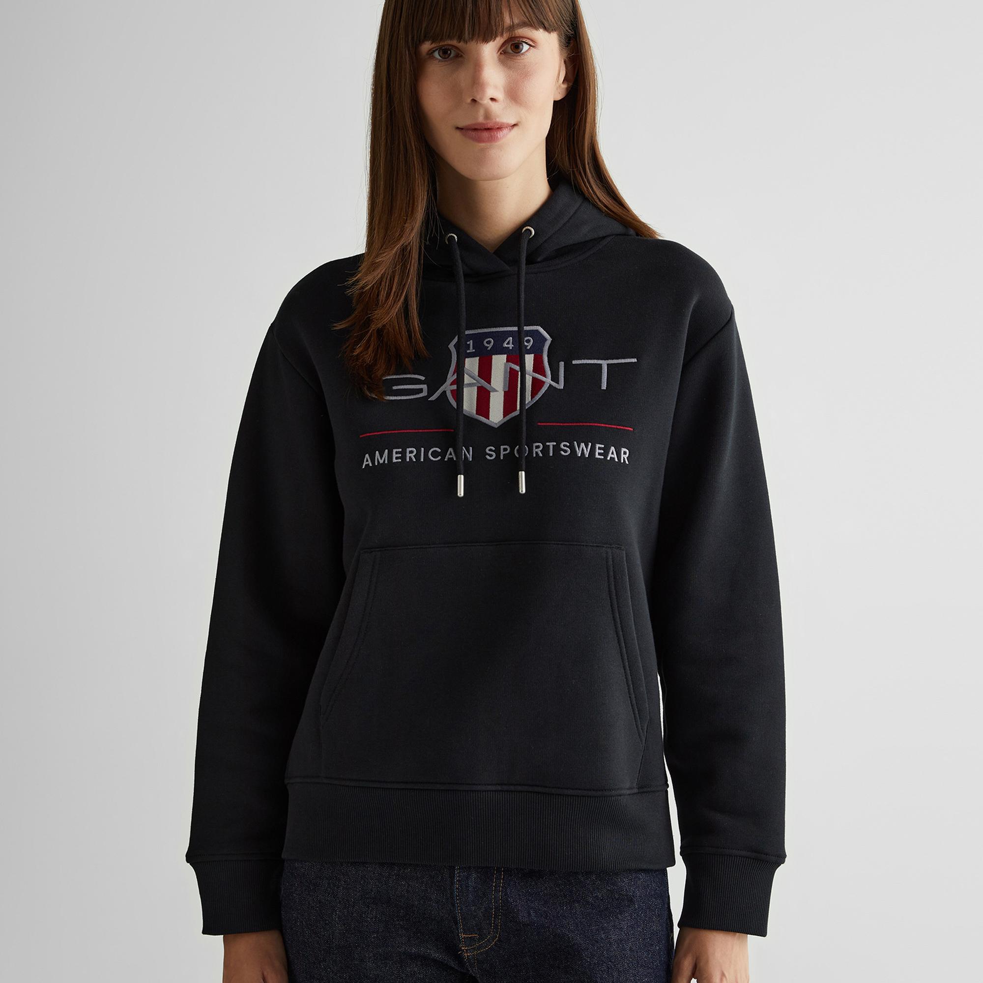 GANT Kadın Siyah Relaxed Fit Kapüşonlu Logolu Sweatshirt