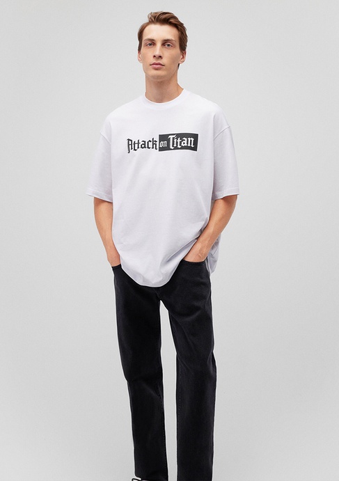 Mavi Attack On Titan Baskılı Beyaz Tişört Oversize / Geniş Kesim 0612439-620