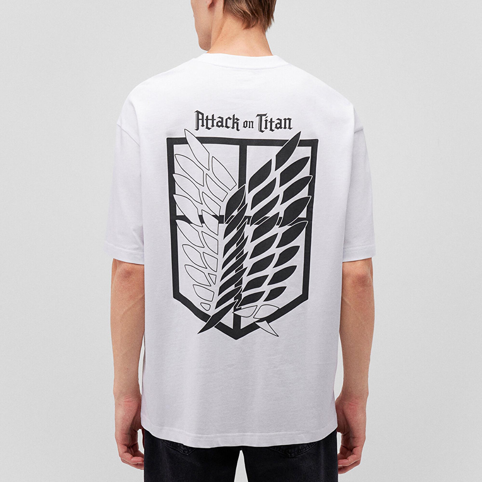 Mavi Attack On Titan Baskılı Beyaz Tişört Oversize / Geniş Kesim 0612439-620