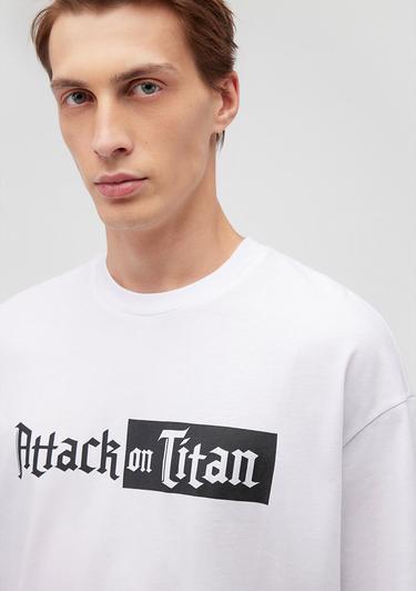  Mavi Attack On Titan Baskılı Beyaz Tişört Oversize / Geniş Kesim 0612439-620