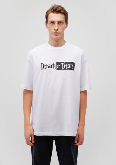  Mavi Attack On Titan Baskılı Beyaz Tişört Oversize / Geniş Kesim 0612439-620