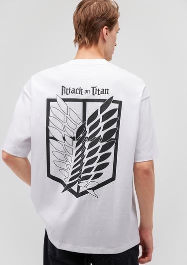  Mavi Attack On Titan Baskılı Beyaz Tişört Oversize / Geniş Kesim 0612439-620