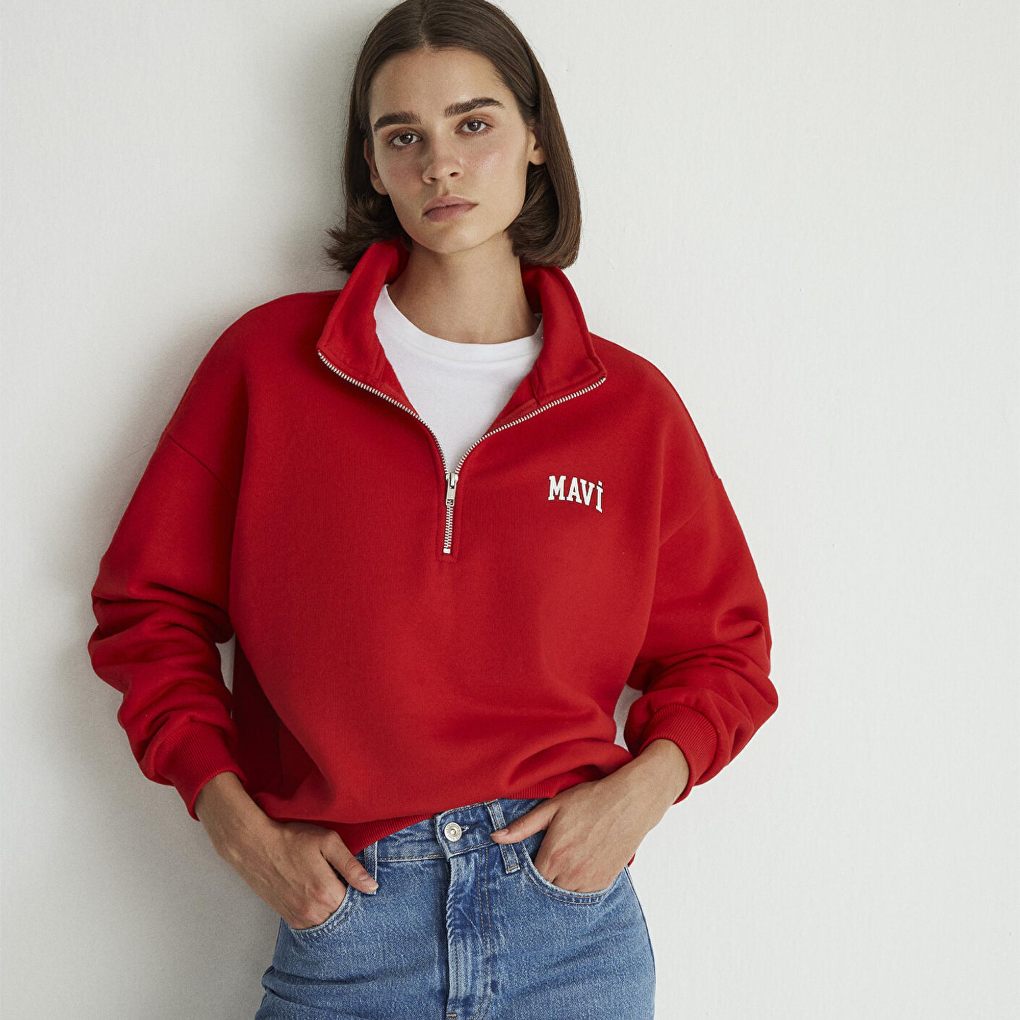 Mavi Mavi Logo Baskılı Yarı Fermuarlı Kırmızı Sweatshirt 1S10179-86417