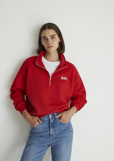 Mavi Mavi Logo Baskılı Yarı Fermuarlı Kırmızı Sweatshirt 1S10179-86417