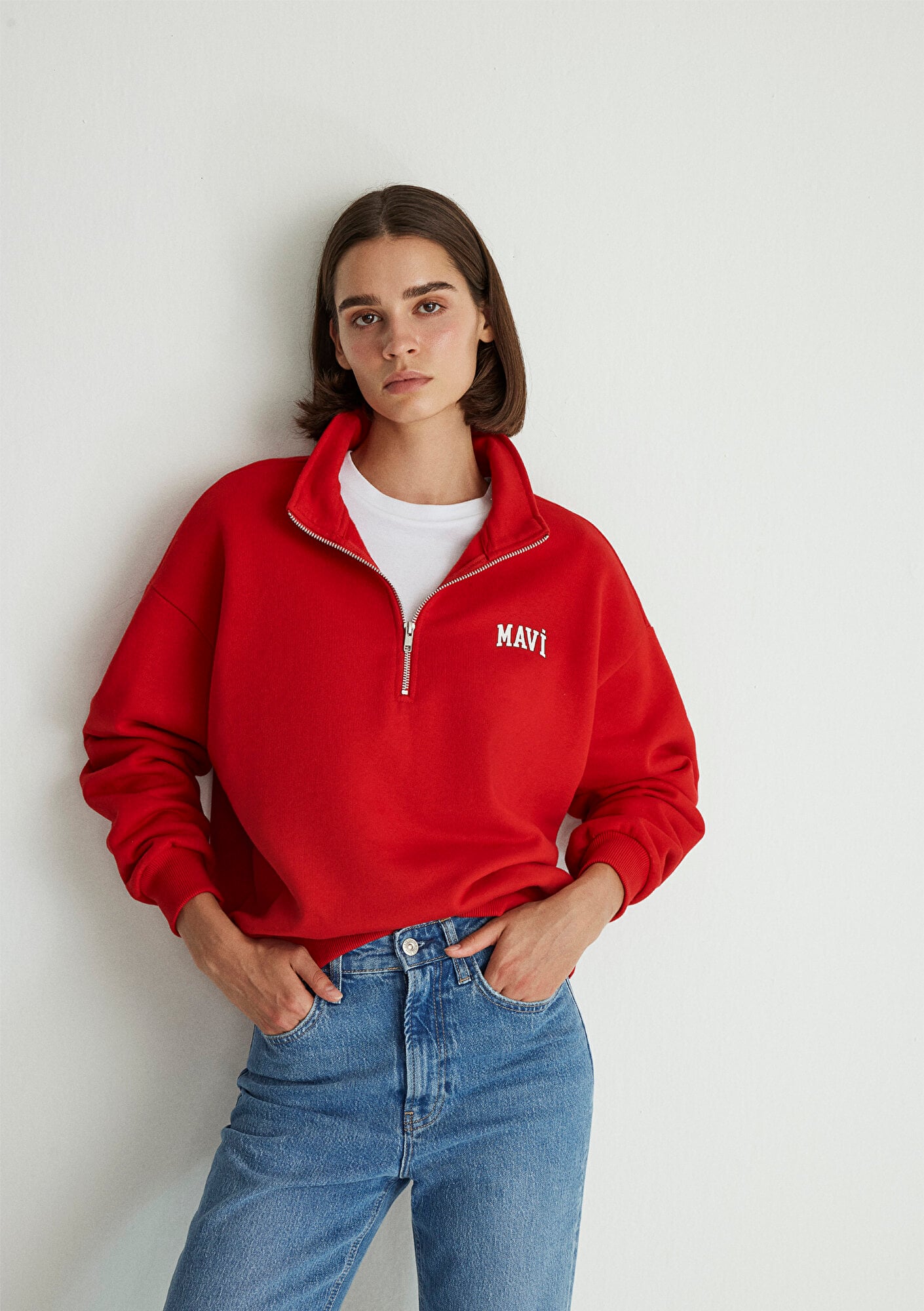  Mavi Mavi Logo Baskılı Yarı Fermuarlı Kırmızı Sweatshirt 1S10179-86417