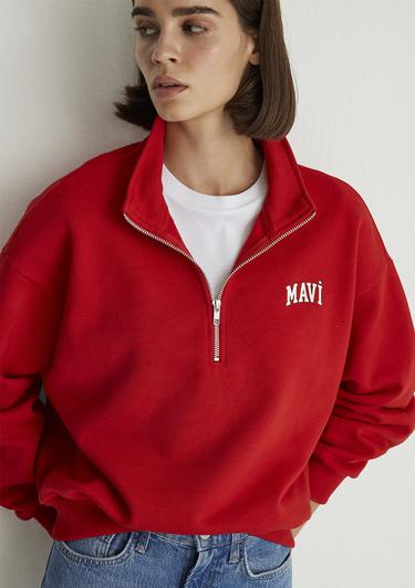  Mavi Mavi Logo Baskılı Yarı Fermuarlı Kırmızı Sweatshirt 1S10179-86417