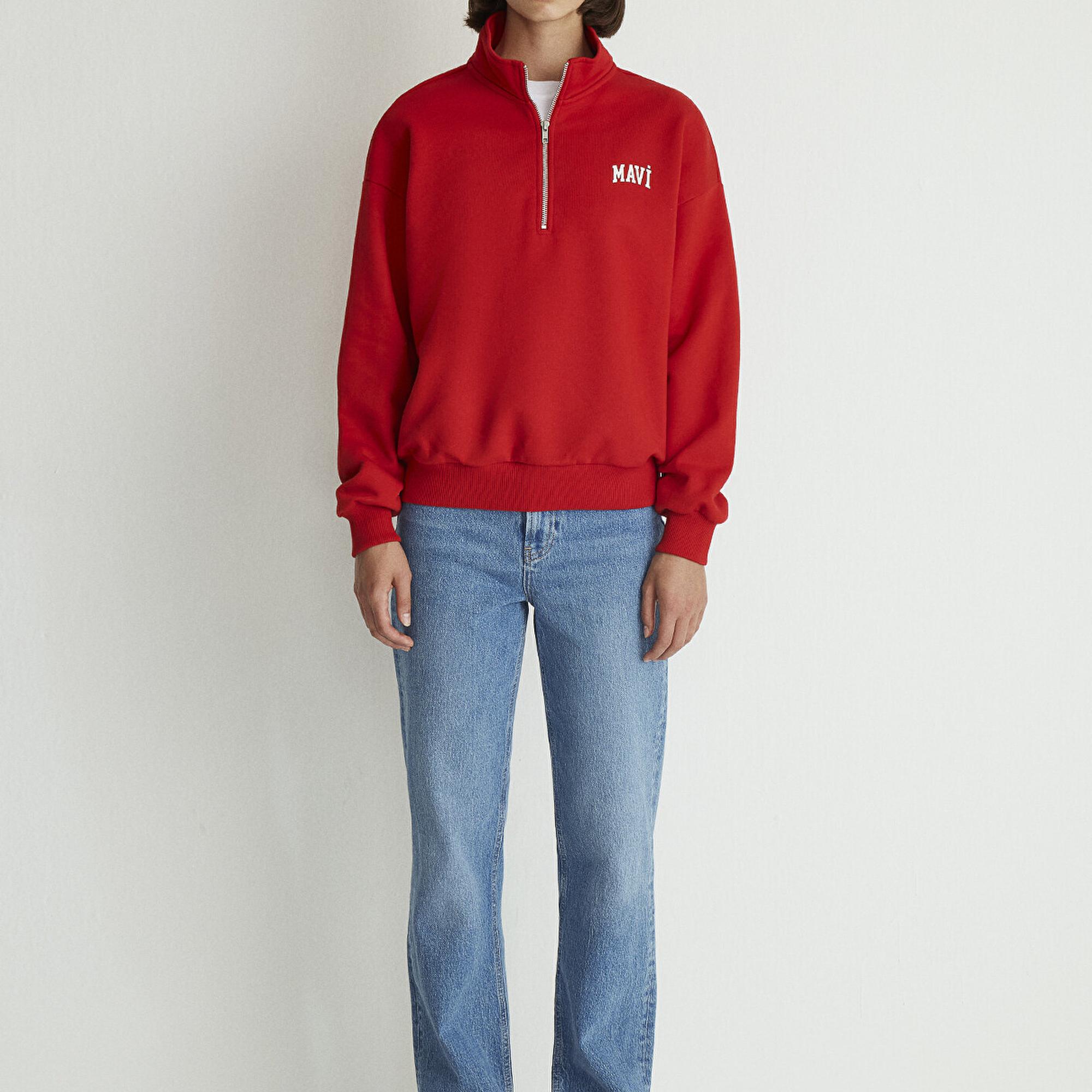 Mavi Mavi Logo Baskılı Yarı Fermuarlı Kırmızı Sweatshirt 1S10179-86417