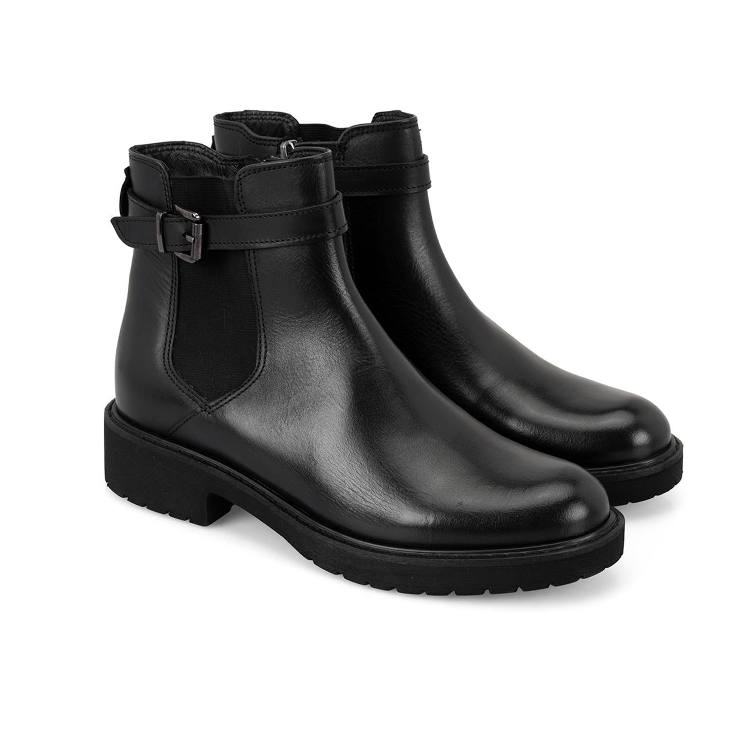  Kadın Kemer Aksesuarlı Siyah Lastikli Deri Chelsea Bot
