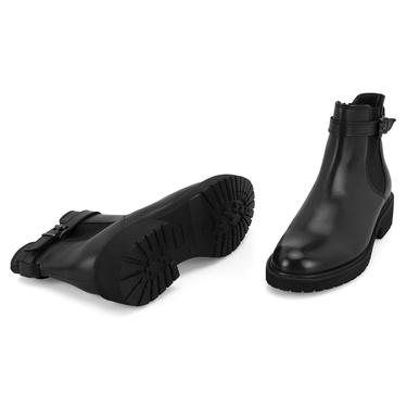  Kadın Kemer Aksesuarlı Siyah Lastikli Deri Chelsea Bot