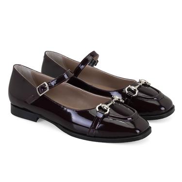  Kadın Bordo Zincir Detaylı Mary Jane Rugan Deri Babet