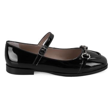  Kadın Siyah Zincir Detaylı Mary Jane Rugan Deri Babet