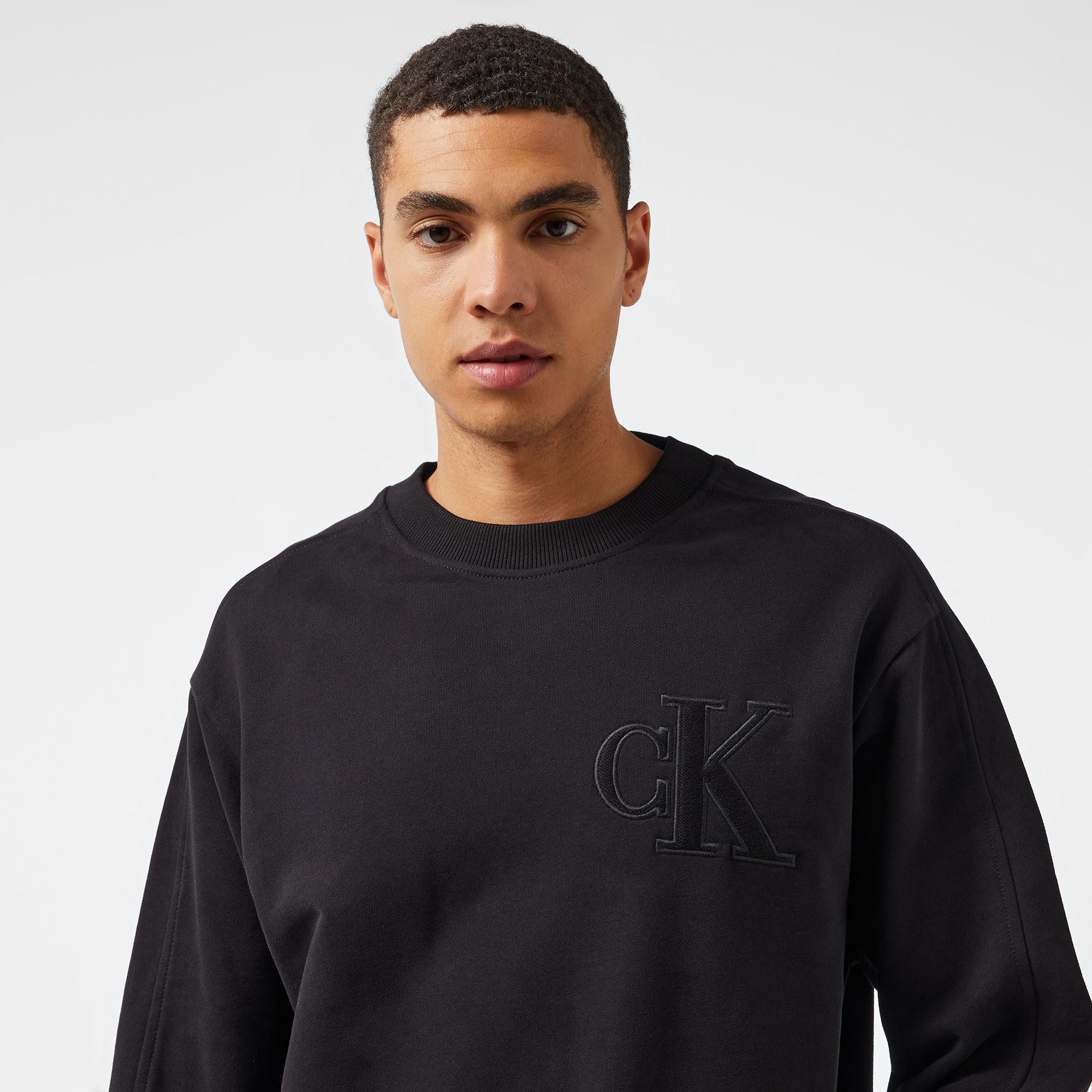 Calvin Klein Jeans Applique Crew Neck Erkek Siyah Sweatshirt