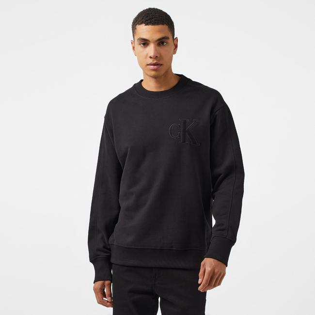  Calvin Klein Jeans Applique Crew Neck Erkek Siyah Sweatshirt