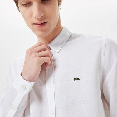  Lacoste Erkek Regular Fit Düğmeli Yaka Keten Beyaz Gömlek