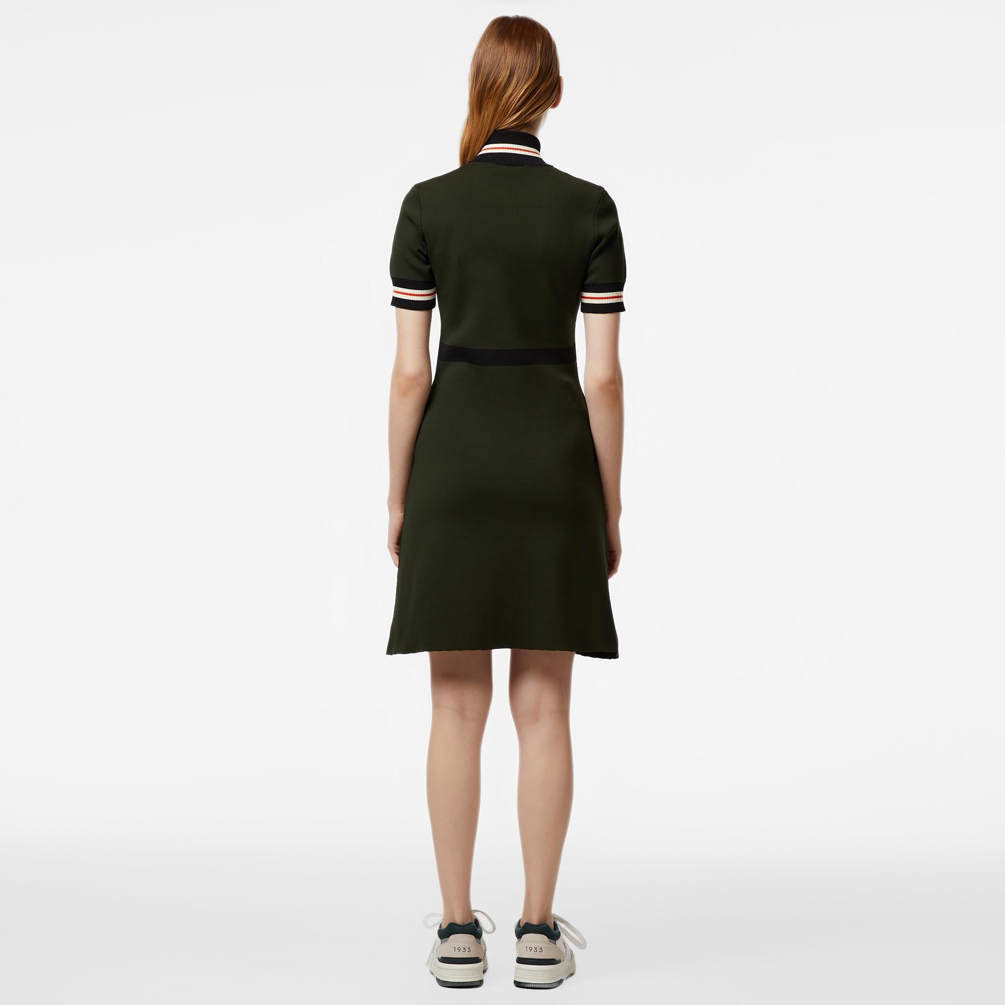 Kadın Flare Fit Kısa Kollu Dik Yaka Haki Elbise