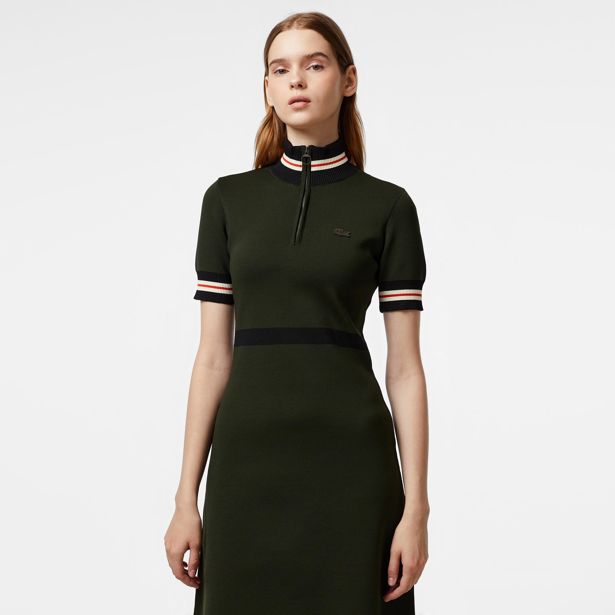 Kadın Flare Fit Kısa Kollu Dik Yaka Haki Elbise