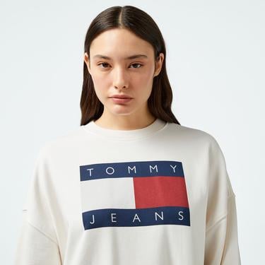  Tommy Hilfiger Jeans Tommy Flag Crew Kadın Beyaz Sweatshirt