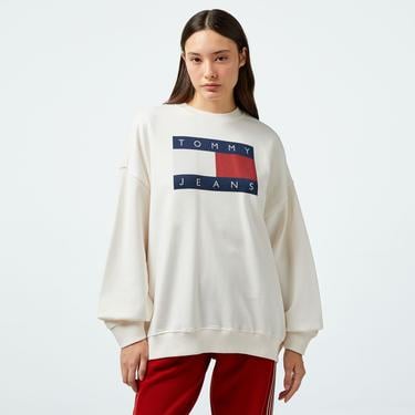  Tommy Hilfiger Jeans Tommy Flag Crew Kadın Beyaz Sweatshirt