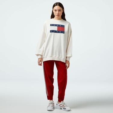  Tommy Hilfiger Jeans Tommy Flag Crew Kadın Beyaz Sweatshirt