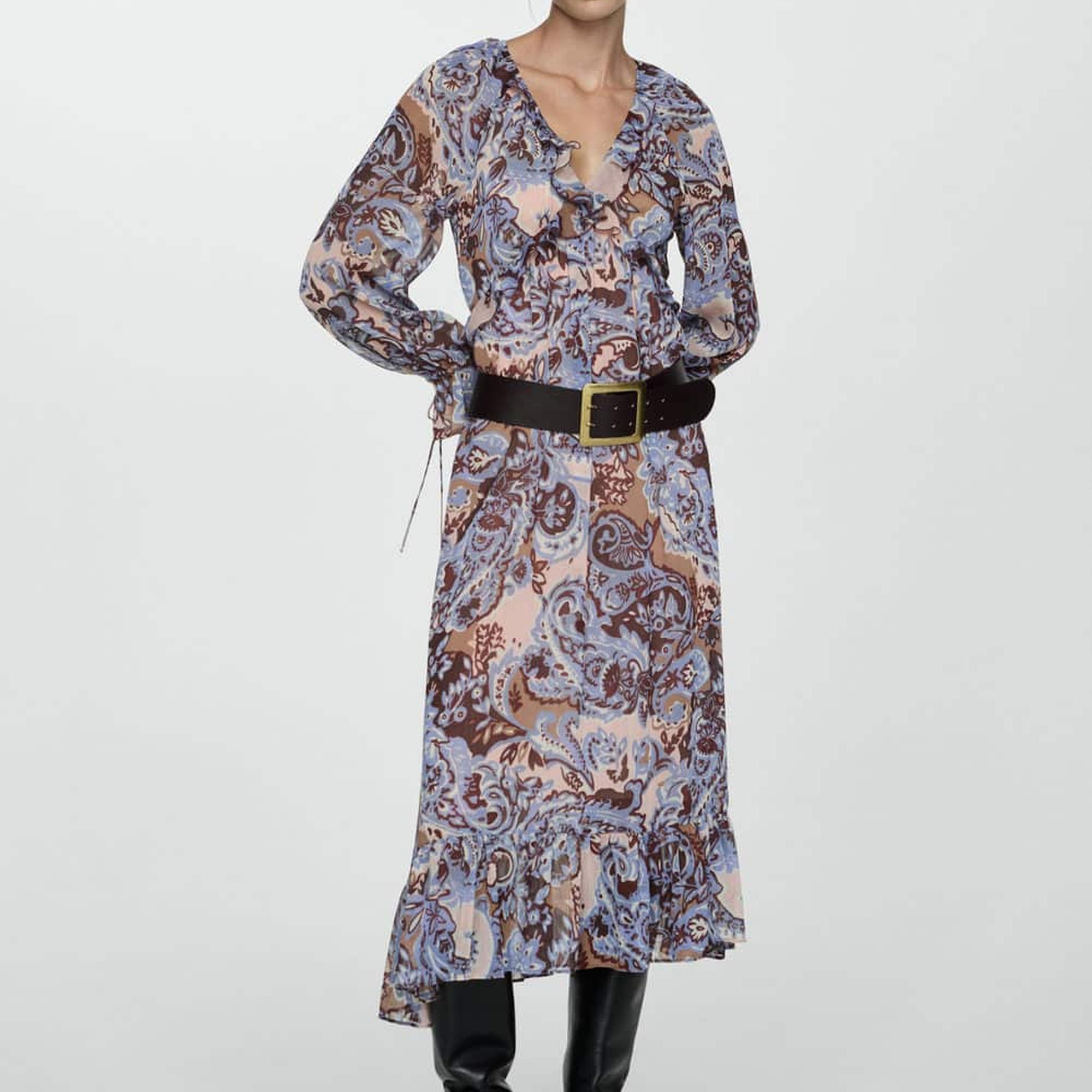 Mango Kadın Fırfırlı Paisley Elbise Mavi