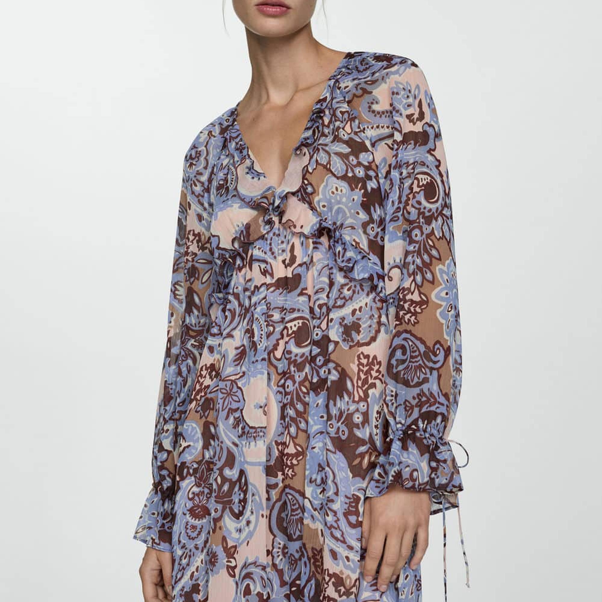 Mango Kadın Fırfırlı Paisley Elbise Mavi