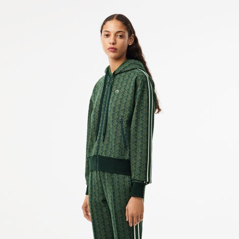  Kadın Regular Fit Kapüşonlu Monogram Koyu Yeşil Sweatshirt