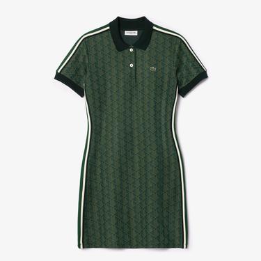  Kadın Slim Fit Kısa Kollu Polo Yaka Monogram Koyu Yeşil Elbise