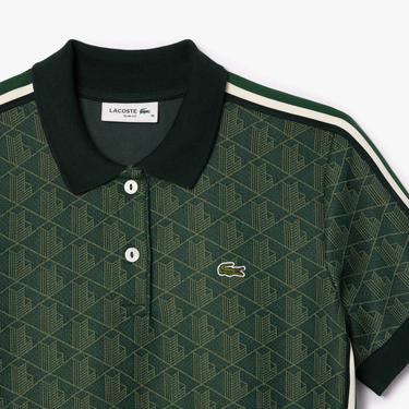 Kadın Slim Fit Kısa Kollu Polo Yaka Monogram Koyu Yeşil Elbise