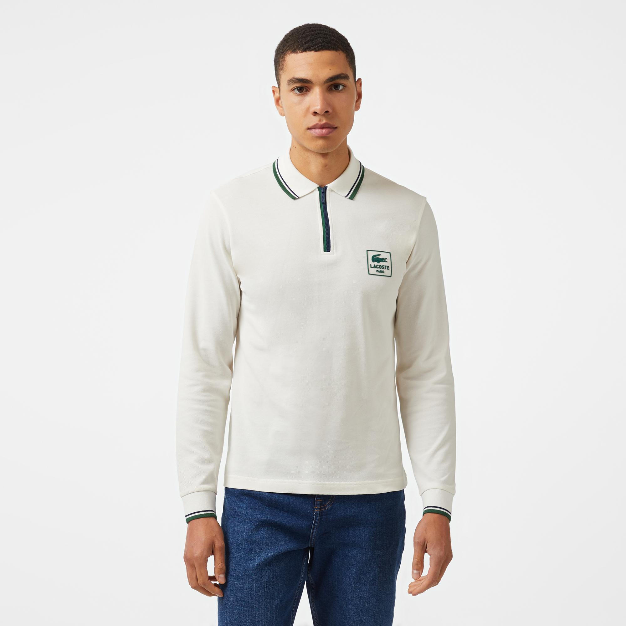 Erkek Regular Fit Uzun Kollu Yarım Fermuarlı Beyaz Polo