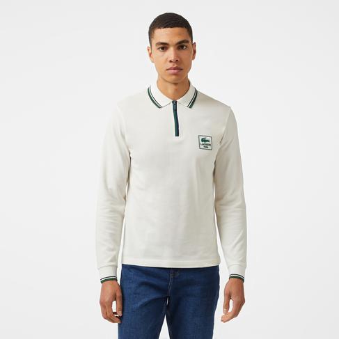  Erkek Regular Fit Uzun Kollu Yarım Fermuarlı Beyaz Polo