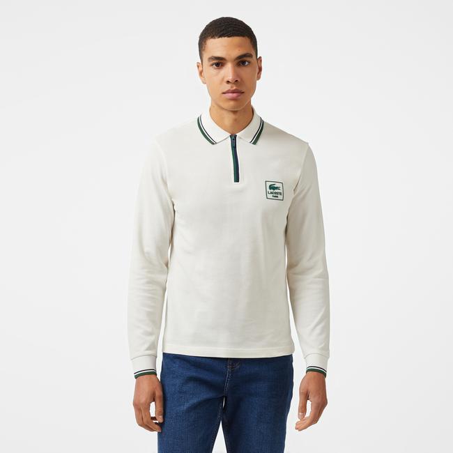  Erkek Regular Fit Uzun Kollu Yarım Fermuarlı Beyaz Polo