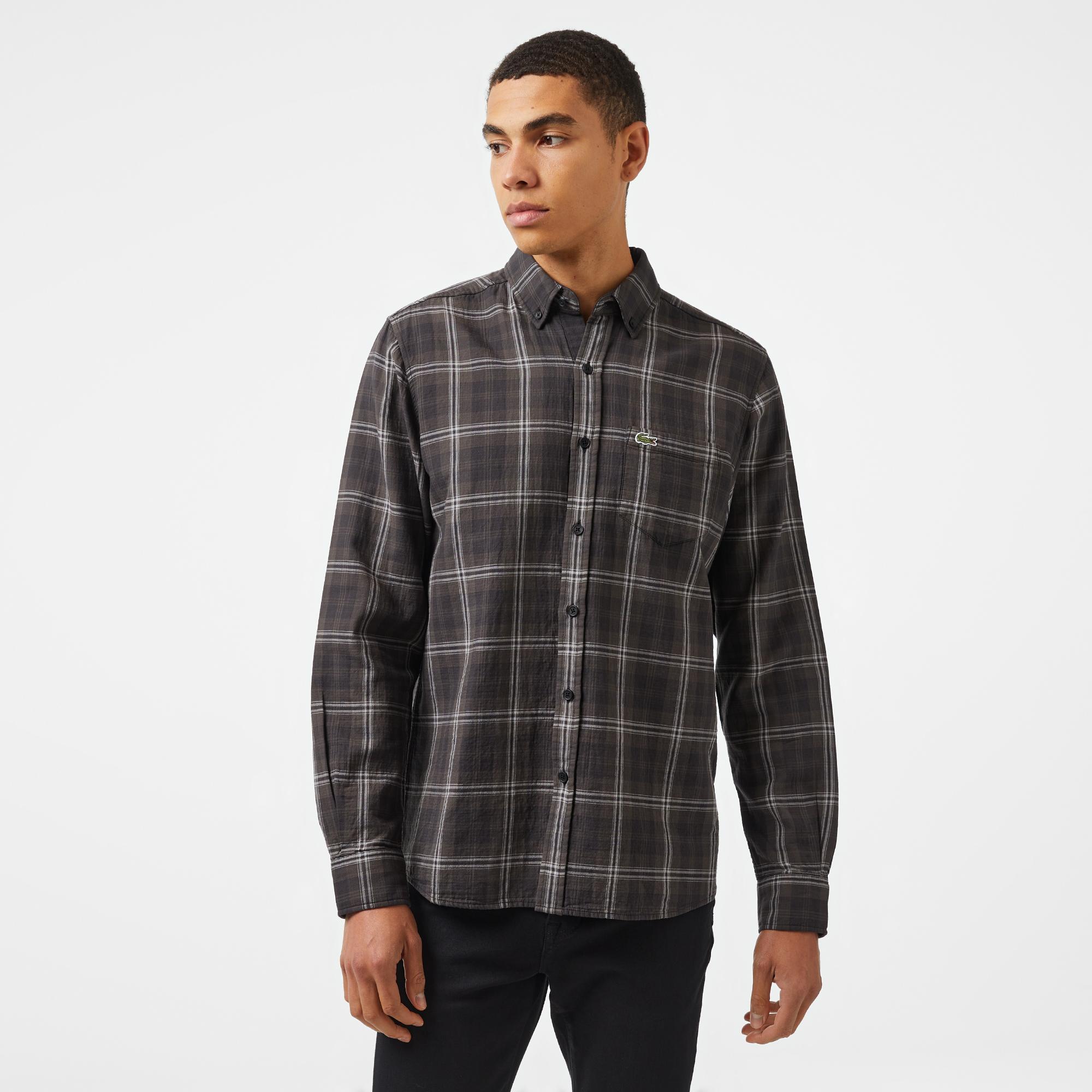 Erkek Regular Fit Düğmeli Yaka Ekose Kahverengi Gömlek