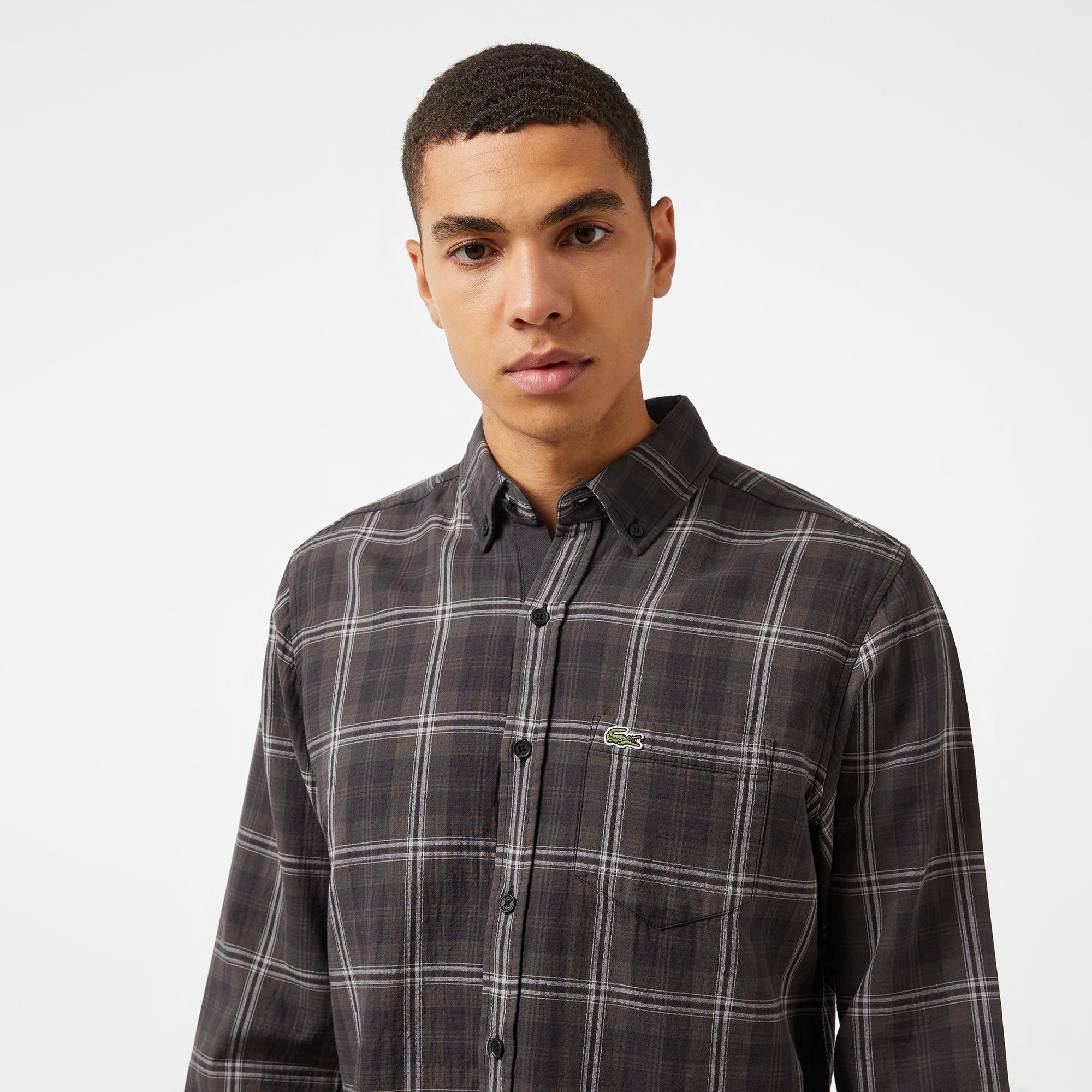 Erkek Regular Fit Düğmeli Yaka Ekose Kahverengi Gömlek