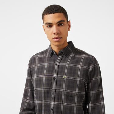  Erkek Regular Fit Düğmeli Yaka Ekose Kahverengi Gömlek