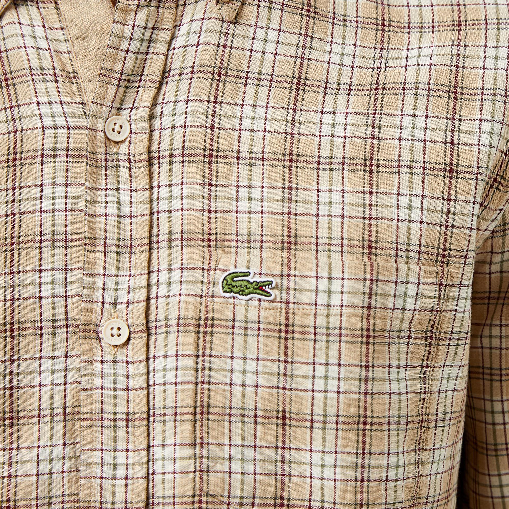 Erkek Regular Fit Düğmeli Yaka Ekose Kahverengi Gömlek