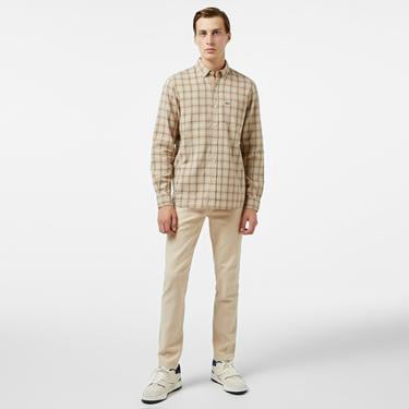  Erkek Regular Fit Düğmeli Yaka Ekose Kahverengi Gömlek